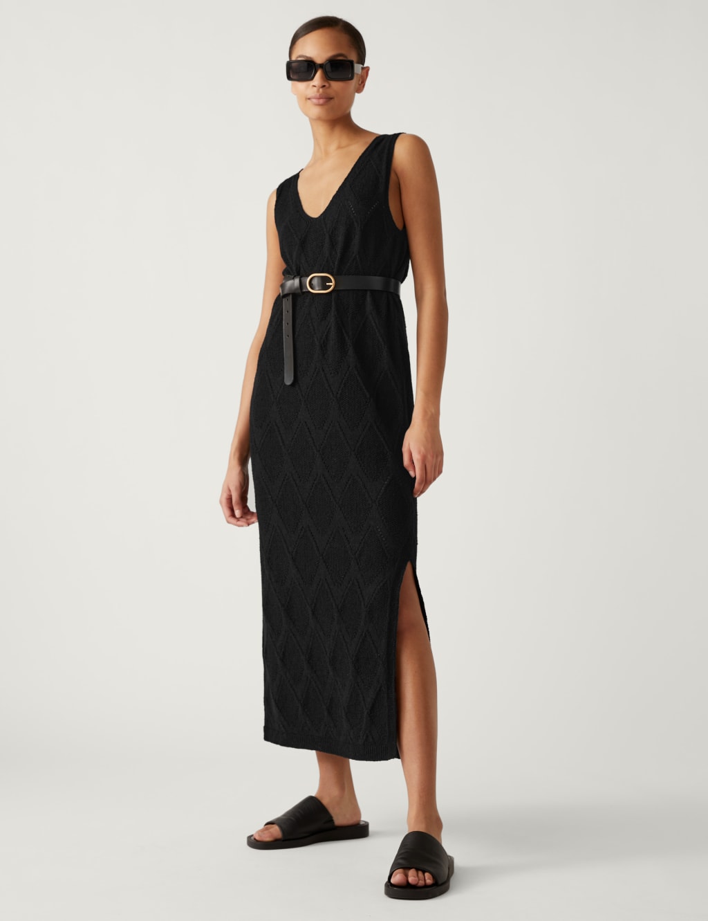 Cotton Rich Textured V-Neck Knitted Dress image 1