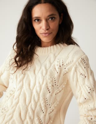 Embellished Cable Knit Crew Neck Jumper