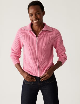 

Womens M&S Collection Cotton Rich Ribbed Collared Cardigan - Medium Pink, Medium Pink