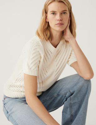 

Womens M&S Collection Cotton Rich Textured Crew Neck Knitted Top - Ivory, Ivory