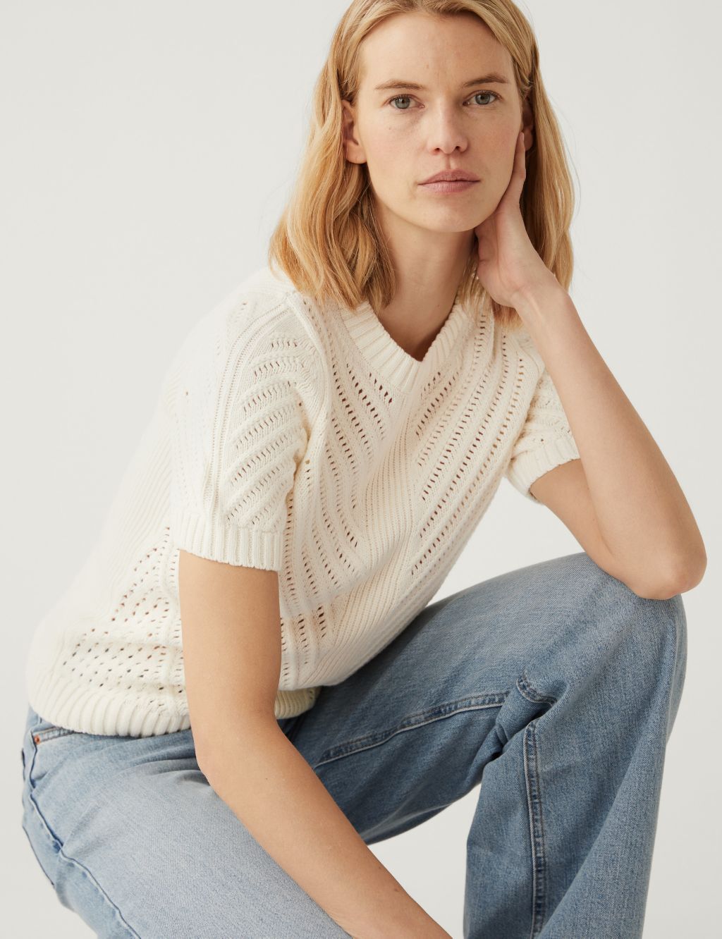 Cotton Rich Textured Crew Neck Knitted Top image 1