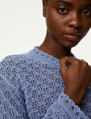

Womens M&S Collection Cotton Blend Textured Crew Neck Jumper - Grey Blue, Grey Blue