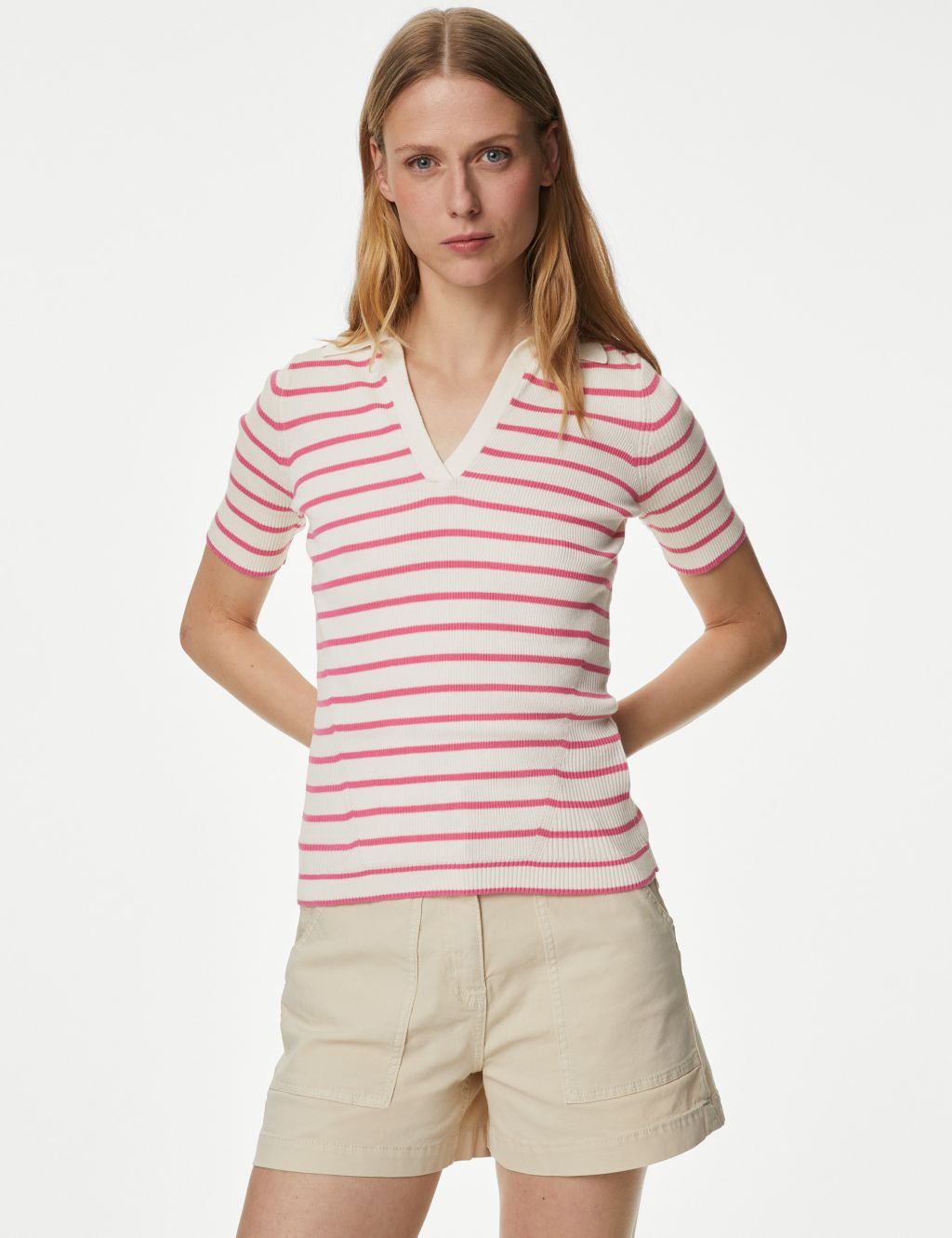 Cotton Rich Striped Collared Knitted Top image 2