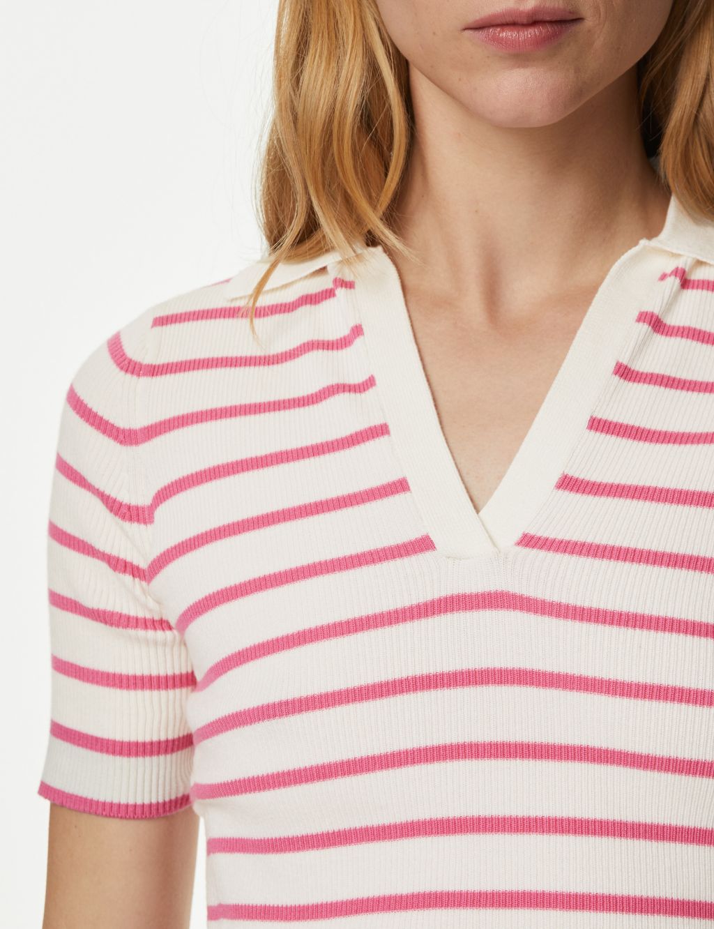 Cotton Rich Striped Collared Knitted Top image 3