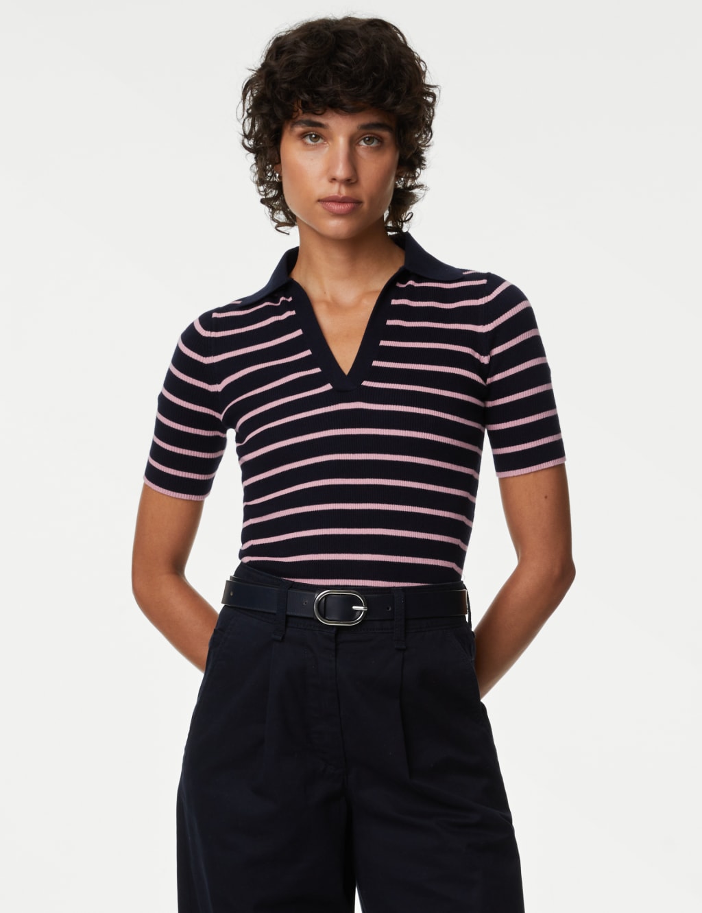 Cotton Rich Striped Collared Knitted Top image 3