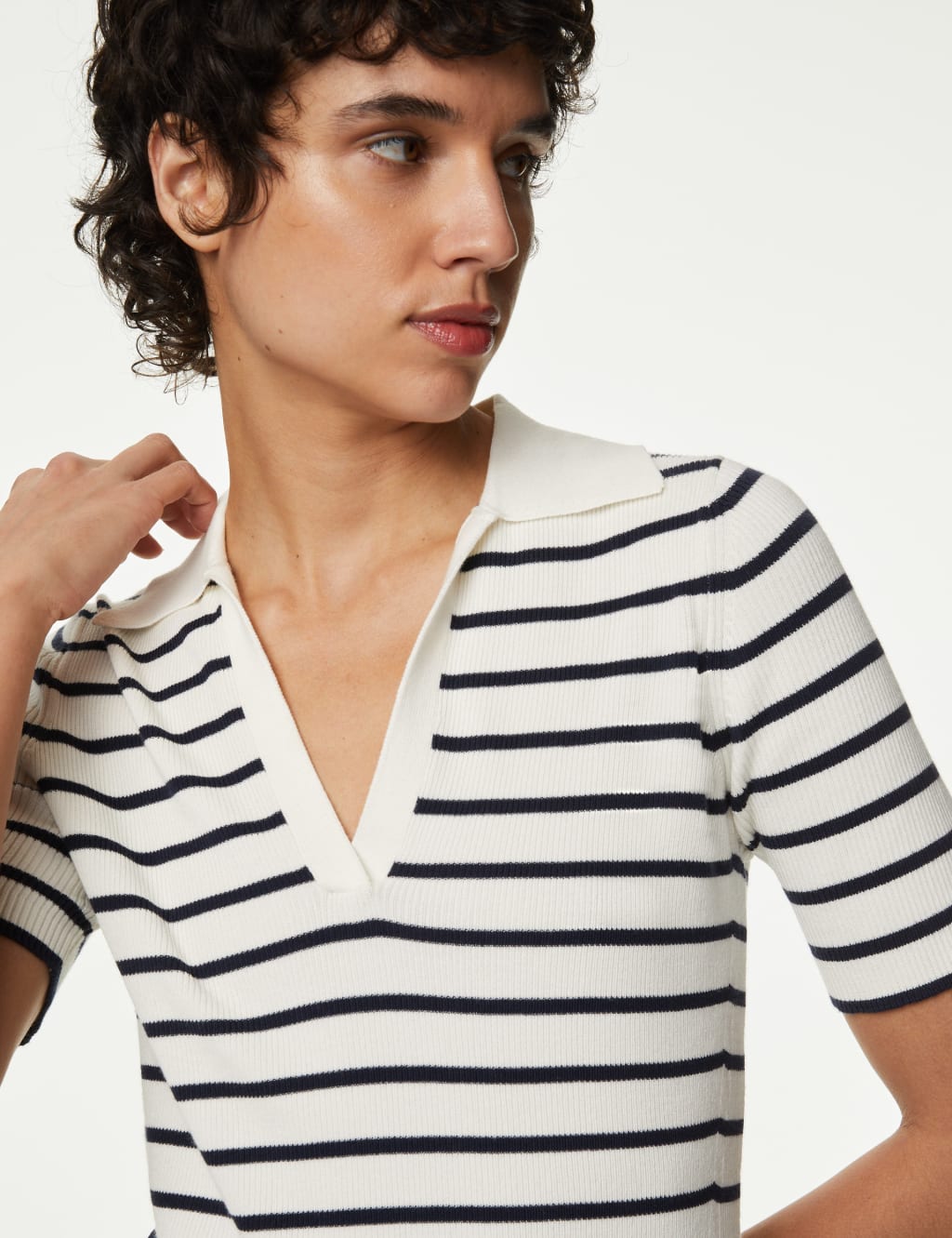 Cotton Rich Striped Collared Knitted Top image 3