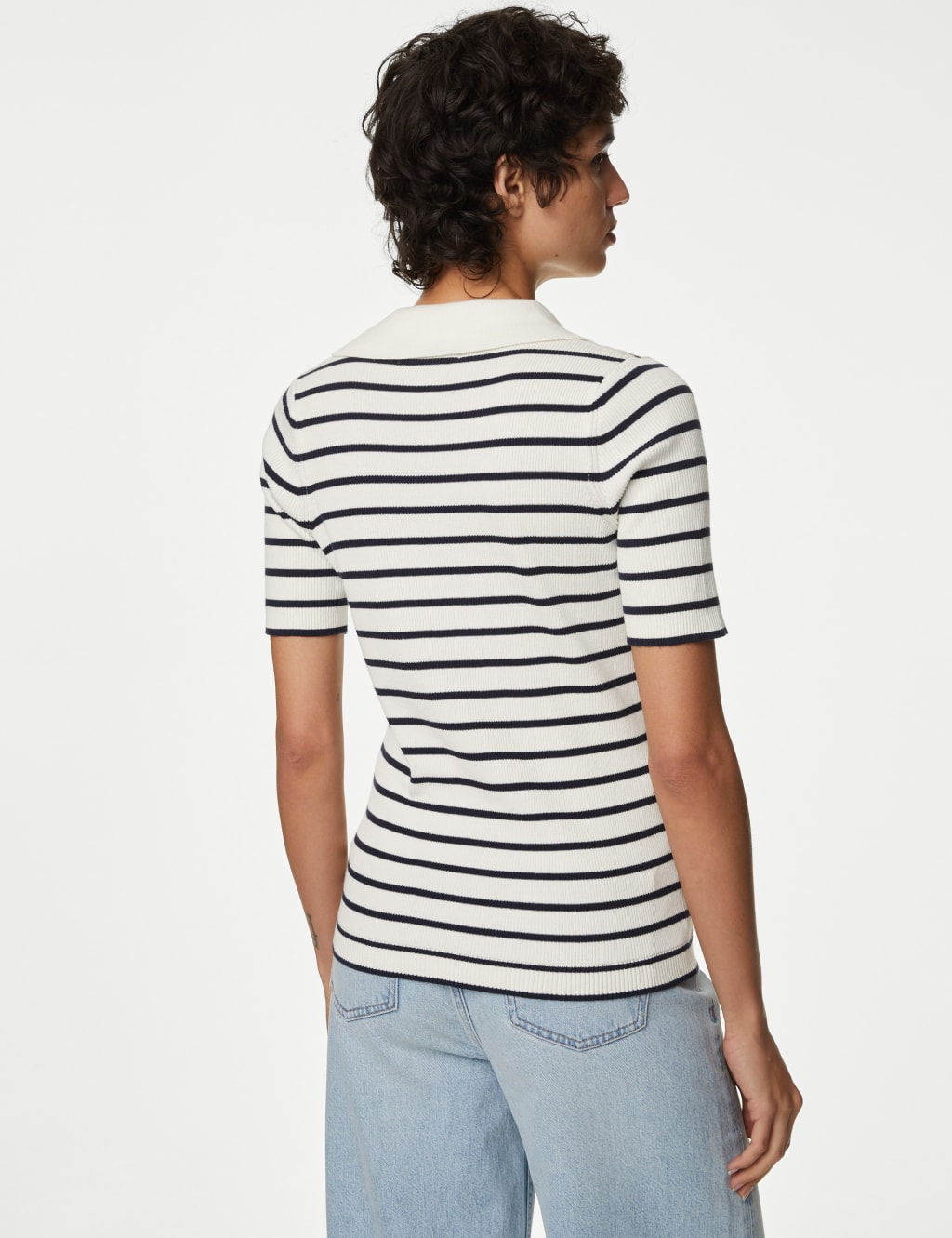 Cotton Rich Striped Collared Knitted Top image 4