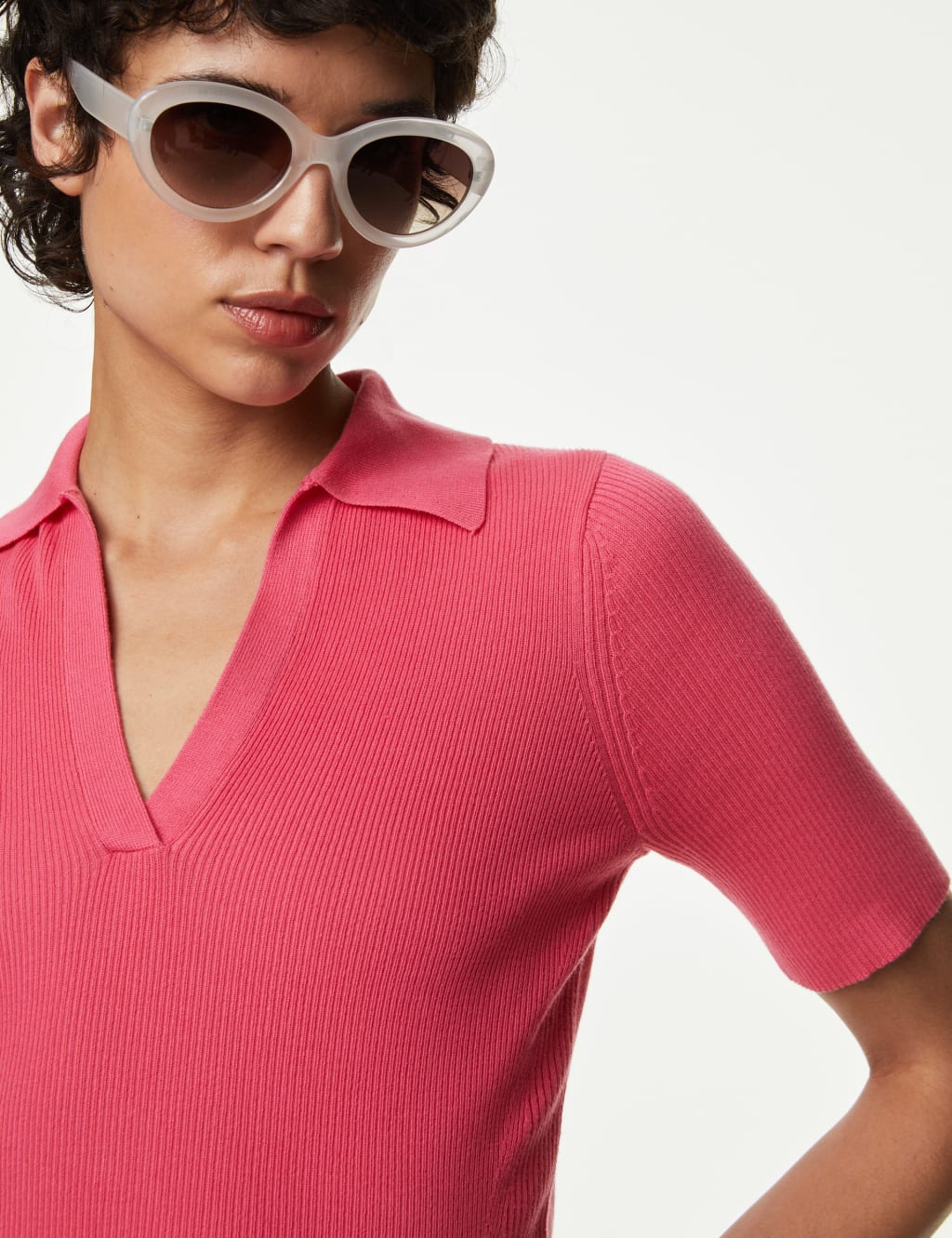 Cotton Rich Ribbed Collared Knitted Top image 1