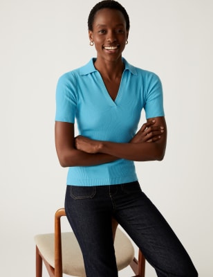 

Womens M&S Collection Cotton Rich Ribbed Collared Knitted Top - Bright Turquoise, Bright Turquoise