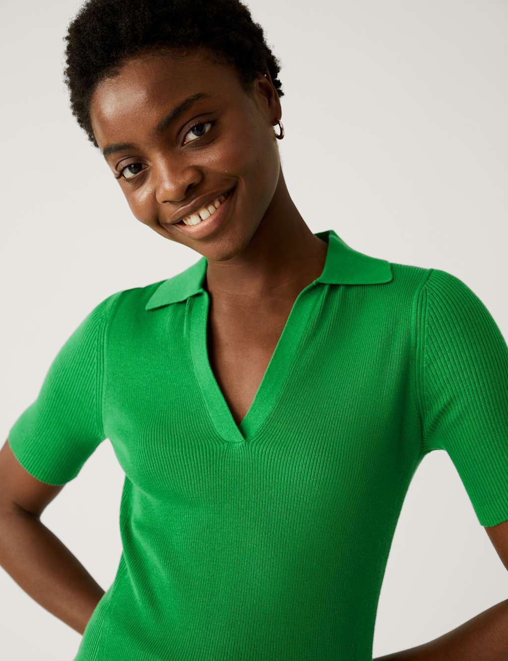 Cotton Rich Ribbed Collared Knitted Top image 2