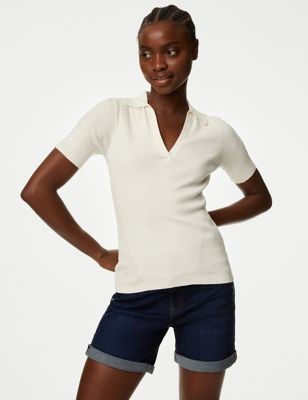 

Womens M&S Collection Cotton Rich Ribbed Collared Knitted Top - Ivory, Ivory