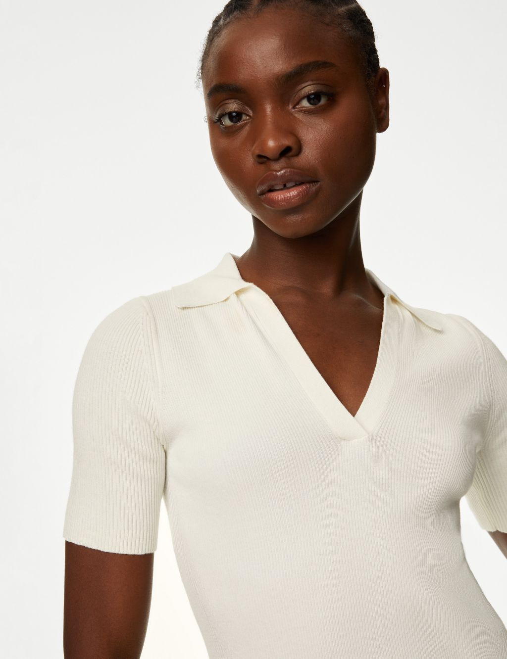 Cotton Rich Ribbed Collared Knitted Top image 2