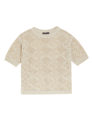 

Womens M&S Collection Bequemes Strickoberteil mit Baumwollanteil und Strukturmuster - Neutral, Neutral