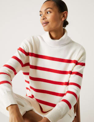 

Womens M&S Collection Cotton Rich Striped Roll Neck Jumper - Red Mix, Red Mix