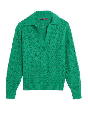 

Womens M&S Collection Cotton Rich Textured Collared Jumper - Green, Green