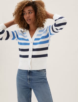 

Womens M&S Collection Gestreifte Rippenstrickjacke mit hohem Baumwollanteil und V-Ausschnitt - Blue Mix, Blue Mix
