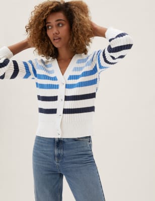 

Womens M&S Collection Cotton Rich Striped Ribbed V-Neck Cardigan - Blue Mix, Blue Mix