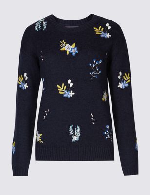 Cotton Rich Embroidered Round Neck Jumper | M&S Collection | M&S