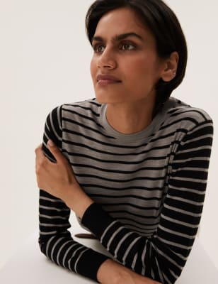 

Womens M&S Collection Pure Merino Wool Striped Jumper - Black, Black