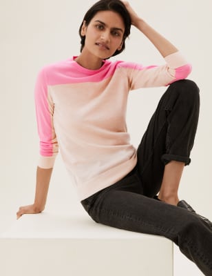 

Womens M&S Collection Pure Merino Wool Colourblock Jumper - Pink Mix, Pink Mix