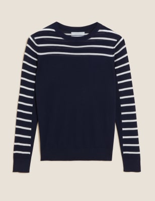 

Womens M&S Collection Pure Merino Wool Striped Crew Neck Jumper - Navy Mix, Navy Mix