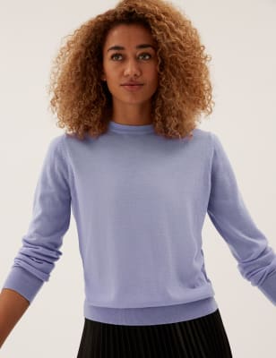 

Womens M&S Collection Pullover aus reiner Merinowolle mit Rundhalsausschnitt - Hyacinth, Hyacinth