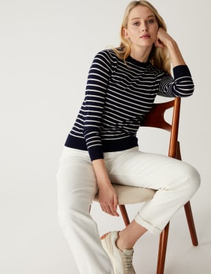 

Womens M&S Collection Pure Merino Wool Striped Crew Neck Jumper - Navy Mix, Navy Mix