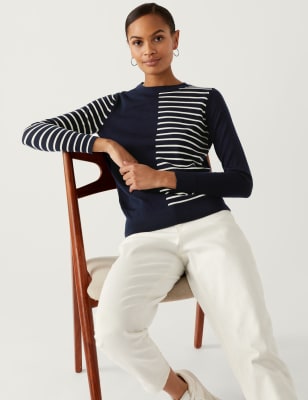 

Womens M&S Collection Pure Merino Wool Striped Crew Neck Jumper - Navy Mix, Navy Mix