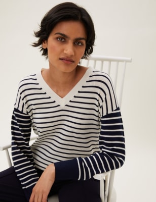 

Womens M&S Collection Gestreifter Pullover aus reiner Merino-Wolle mit V-Ausschnitt - Navy Mix, Navy Mix