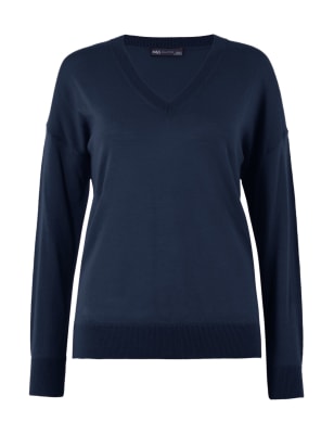 

Womens M&S Collection Bequemer Pullover aus reiner Merinowolle mit V-Ausschnitt - Medium Navy, Medium Navy