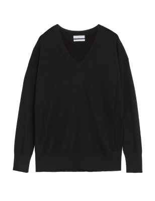 

Womens M&S Collection Pure Merino Wool V-Neck Relaxed Jumper - Black, Black