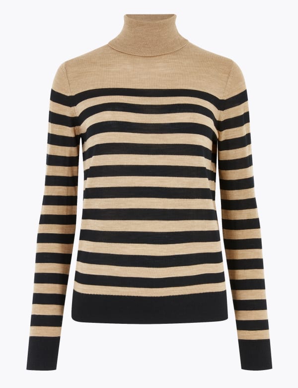 Pure Merino Wool Striped Roll Neck Jumper M S Collection M S