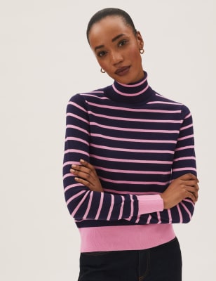 

Womens M&S Collection Pure Merino Wool Striped Roll Neck Jumper - Petal Pink, Petal Pink