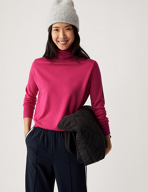 Marks And Spencer Womens M&S Collection Pure Merino Wool Roll Neck Jumper - Cerise, Cerise