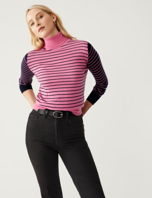 

Womens M&S Collection Pure Merino Wool Striped Roll Neck Jumper - Pink Mix, Pink Mix