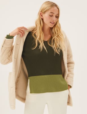 

Womens M&S Collection Pure Merino Wool Colour Block V-Neck Jumper - Khaki Mix, Khaki Mix