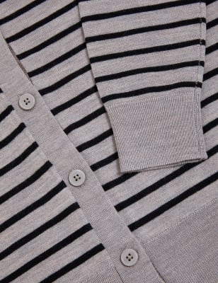 Womens M&S Collection Pure Merino Striped Crew Neck Cardigan - Calico Mix