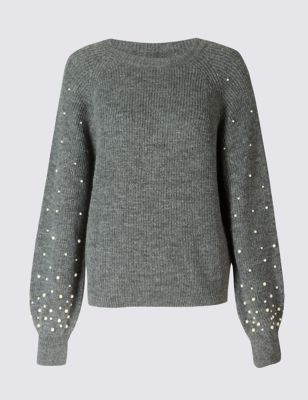 Textured Round Neck Pearl Sleeve Jumper | M&S Collection | M&S
