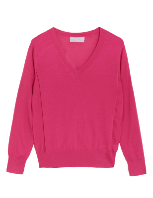 

Womens M&S Collection Pullover aus reiner Merino-Wolle mit V-Ausschnitt - Cerise, Cerise