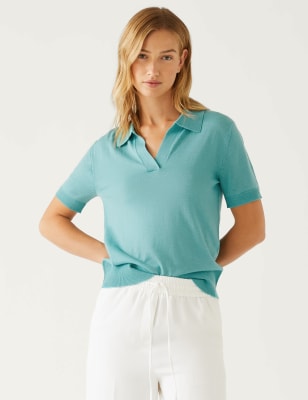 

Womens M&S Collection Pure Merino Wool Collared Knitted Top - Medium Seafoam, Medium Seafoam