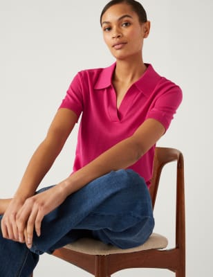 

Womens M&S Collection Pure Merino Wool Collared Knitted Top - Pink Fizz, Pink Fizz