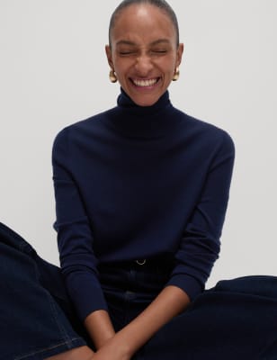 

Womens M&S Collection Pure Merino Wool Roll Neck Jumper - Navy, Navy