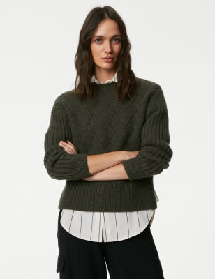 

Womens M&S Collection Textured Crew Neck Jumper with Wool - Dark Olive, Dark Olive