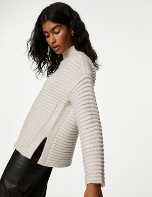 

Womens M&S Collection Ribbed Funnel Neck Jumper - Oatmeal, Oatmeal