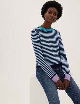 

Womens M&S Collection Wool Rich Striped Crew Neck Jumper - Navy Mix, Navy Mix