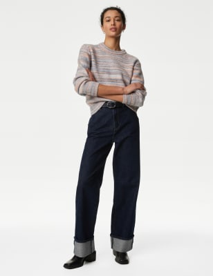 

Womens M&S Collection Pullover mit Rundhalsausschnitt, Space-Dye-Muster und Wollanteil - Blue Mix, Blue Mix