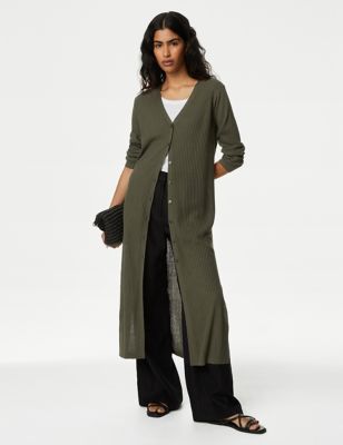 M&S Women's Ribbed Longline Cardigan with Linen - S - Hunter Green, Hunter Green,Ivory