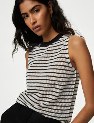 Striped Round Neck Knitted Vest with Linen - NZ