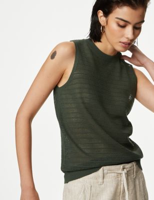 

Womens M&S Collection Textured Crew Neck Knitted Vest with Linen - Hunter Green, Hunter Green