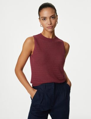 M&S Womens Textured Crew Neck Knitted Vest with Linen - XS - Oxblood, Oxblood,Hunter Green,Ivory